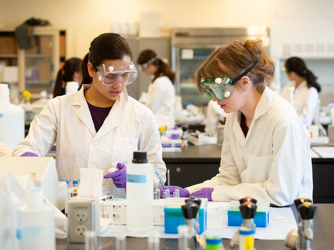 J'dharra Rodas and Evelyn Eidsath talk as they look at their numbers during the Food Analysis Lab for Food Science in the Robert Mondavi Institute.